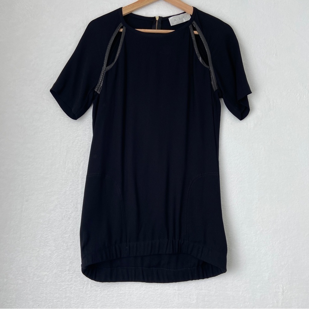 A.L.C. Tunic Long Blouse Black Snakeskin Trim Viscose Short Sleeve Cutouts Small